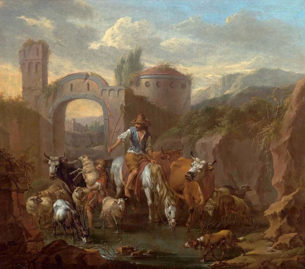 Paesaggio all'italiana con pastore e gregge